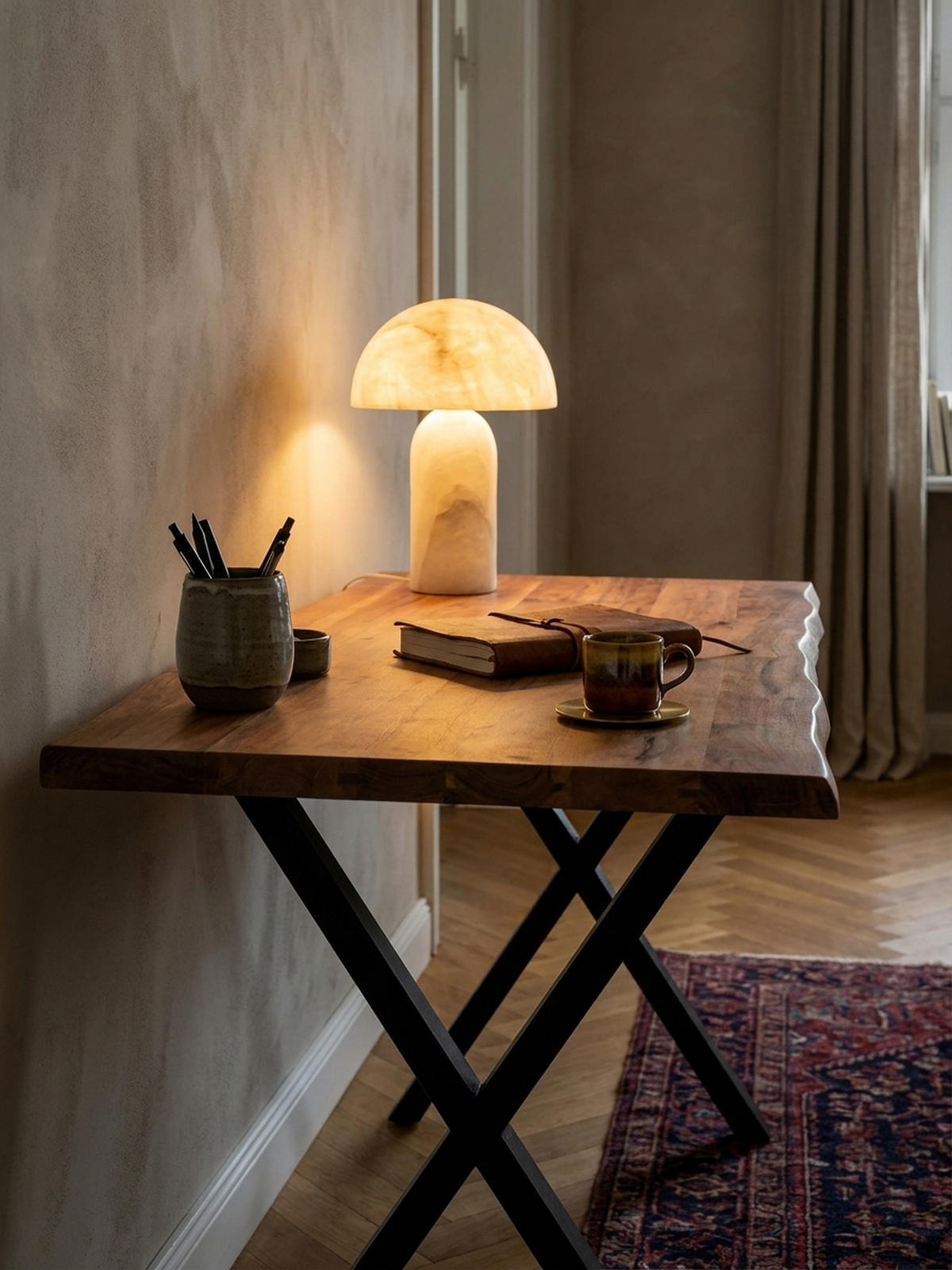 SCHREIBTISCH Massivholz X-Gestell Baumkante Handgefertigt KRETA, Goldbraun-Schwarz 140x80x76 cm - Schwarz/Braun, Holz/Metall (80/140/76cm) - KADIMA DESIGN