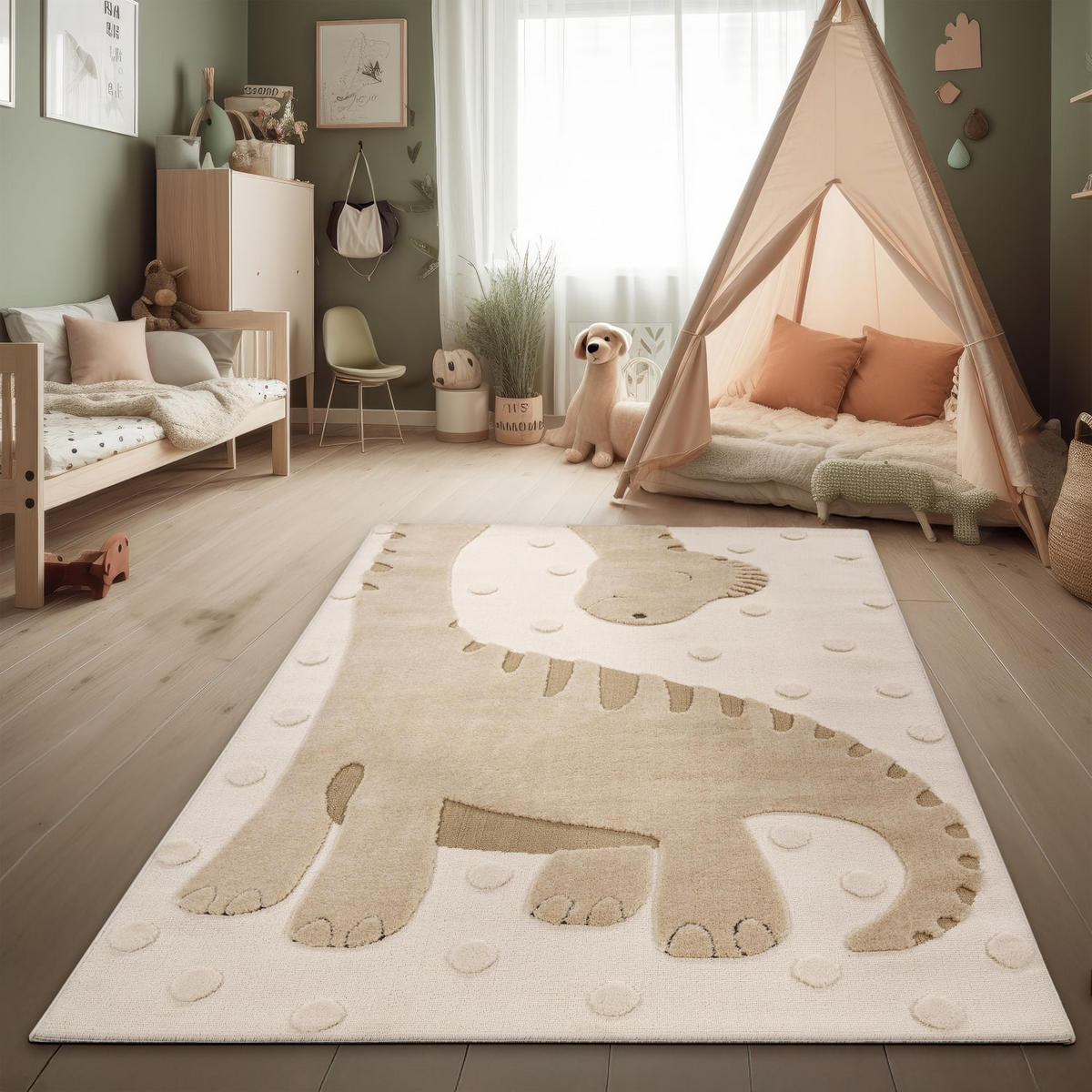KINDERTEPPICH kleiner Dinosaurier Kinderzimmer schmutzabweisend Beige Läufer 80x150 - Beige, Textil (80/150cm) - KADIMA DESIGN