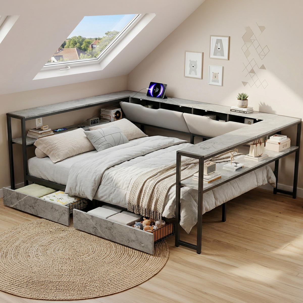 POLSTERBETT 140/200 cm mit USB- und Type-C-Anschluss, 2 Schubladen und 6 Staufächern, Leinenoptik, Grau - Grau, Holzwerkstoff (140/200cm) - Redom