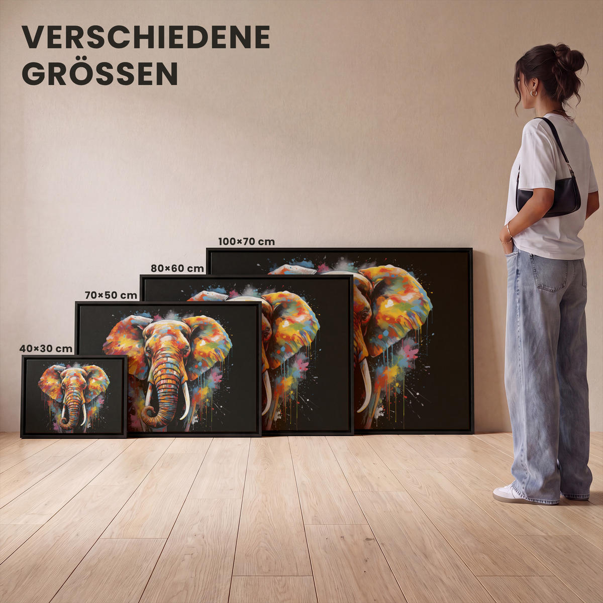 LEINWAND Bilder mit Rahmen - Elefant - Graffiti - Schwarz - Tiere - Farben - 100x70 - Schwarz, Textil (100/70cm) - MuchoWow