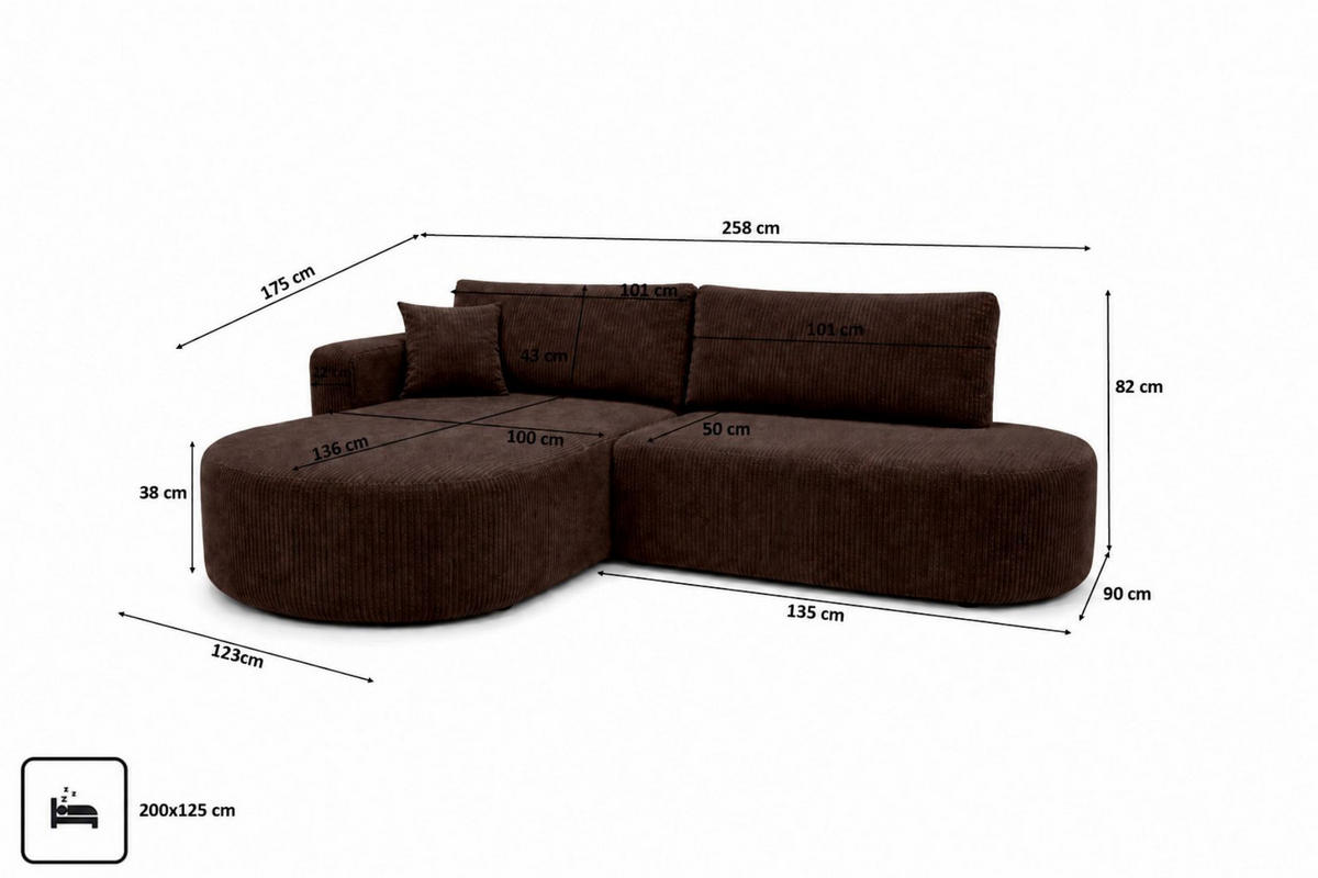 ECKSOFA Mit Schlaffunktion Und Bettkasten, Cordstoff Poso, Braun, Links, ROUND ONE OPEN XL - Braun, Holz (258/175cm) - Kaiser Möbel