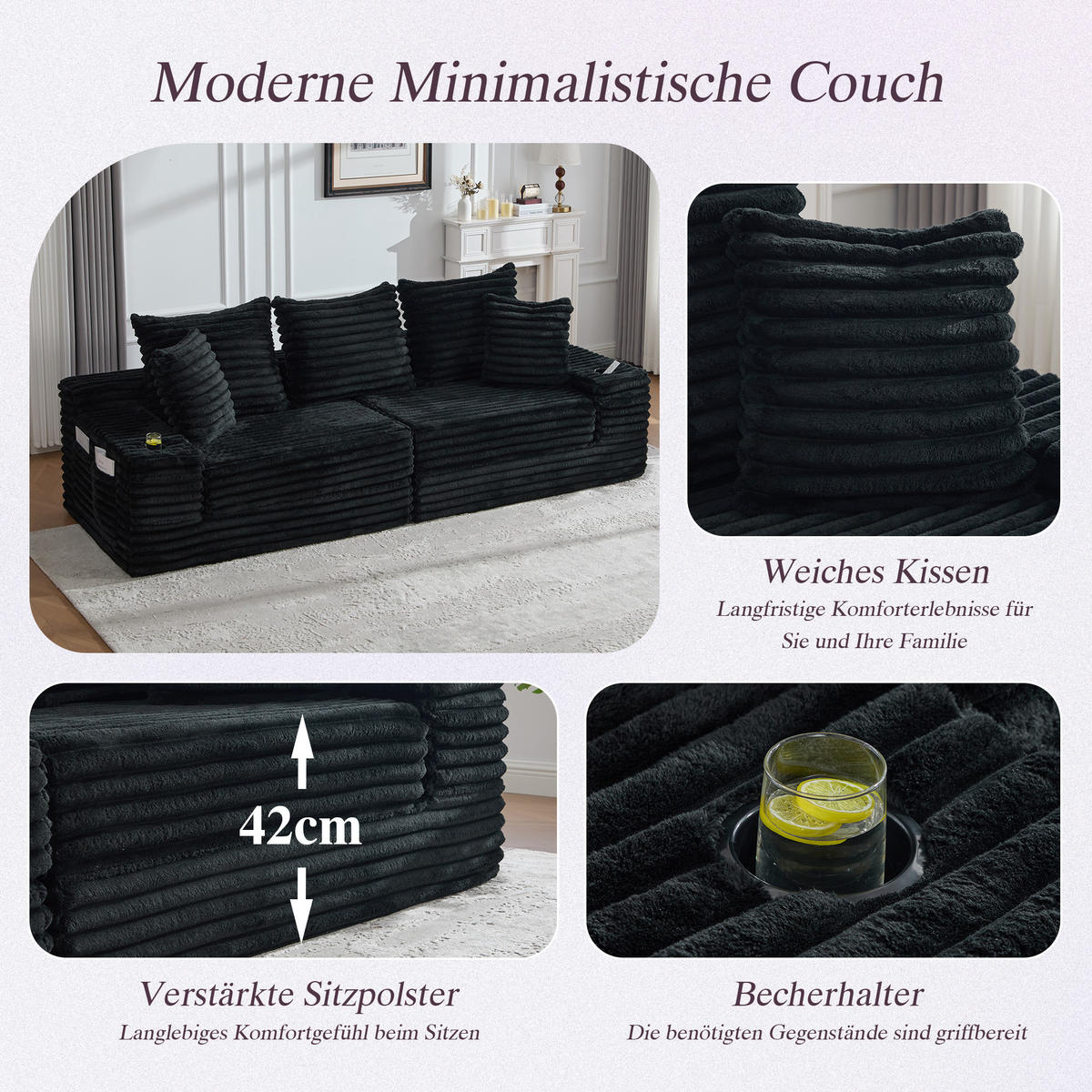 SCHLAFSOFA aus Cord mit Getränkehaltern und Kissen, Schwarz - Schwarz, Textil (107.48/34.25/38.58cm)
