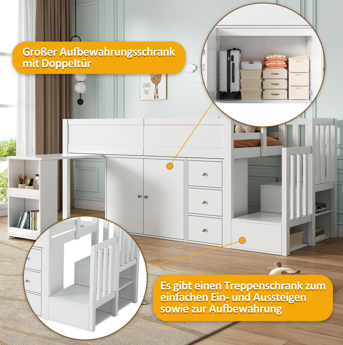 HOCHBETT 90/200 cm mit ausziehbarem Schreibtisch, Schrank, Schubladen und Treppenschrank aus MDF, Weiß - Weiß, Holzwerkstoff (90/200cm) - Redom