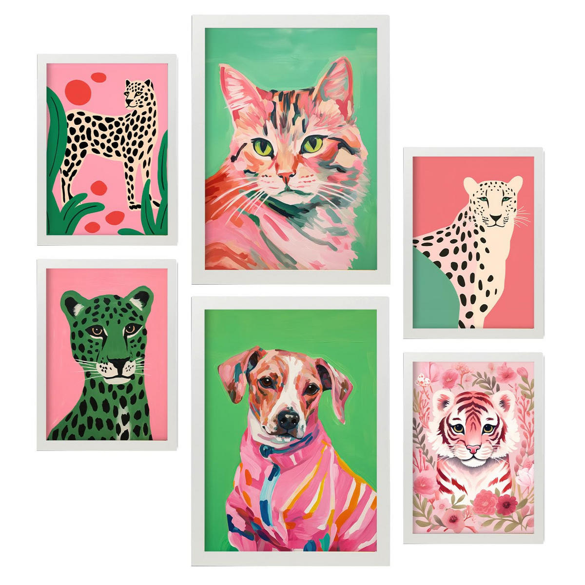 POSTER Set Mit 6 Rosa Haustiere A3 & A4 Weißer Rahmen - Weiß, Papier (29/3cm) - Nacnic