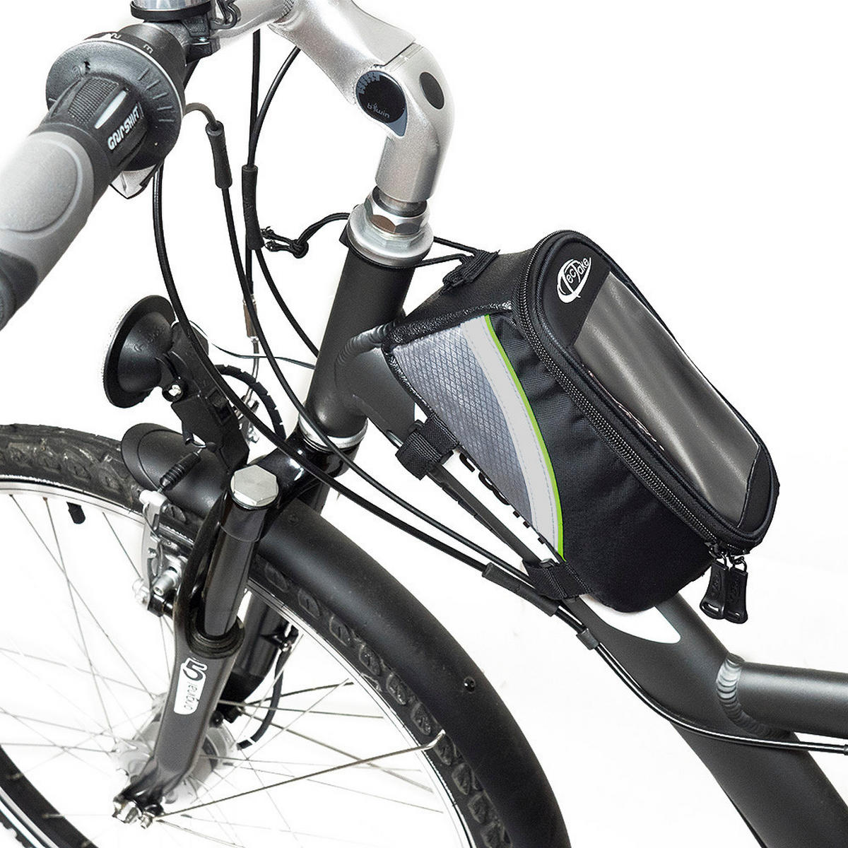 FAHRRADTASCHE ,Zusätzliche Spannseil-Sicherung ,schwarz/grau/grün - Schwarz/Grau, Kunststoff (8.5/8.5/18cm) - tectake