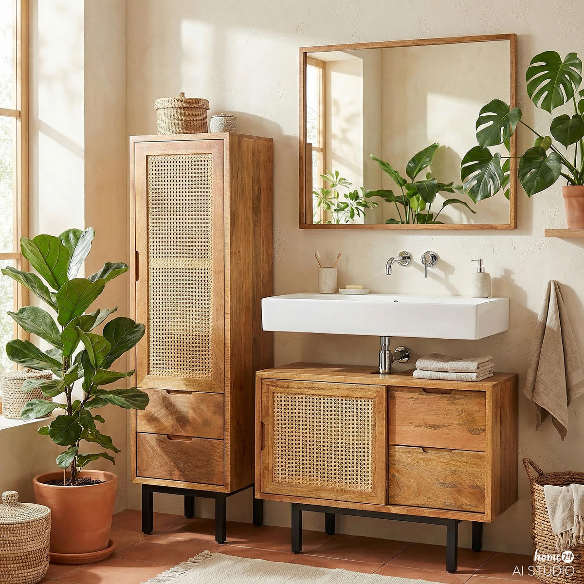 MASSIVER MIDISCHRANK - Mango massiv / Wiener Geflecht - Mango / Beige - Braun, Naturmaterialien/Holz (38/130/30cm) - home24