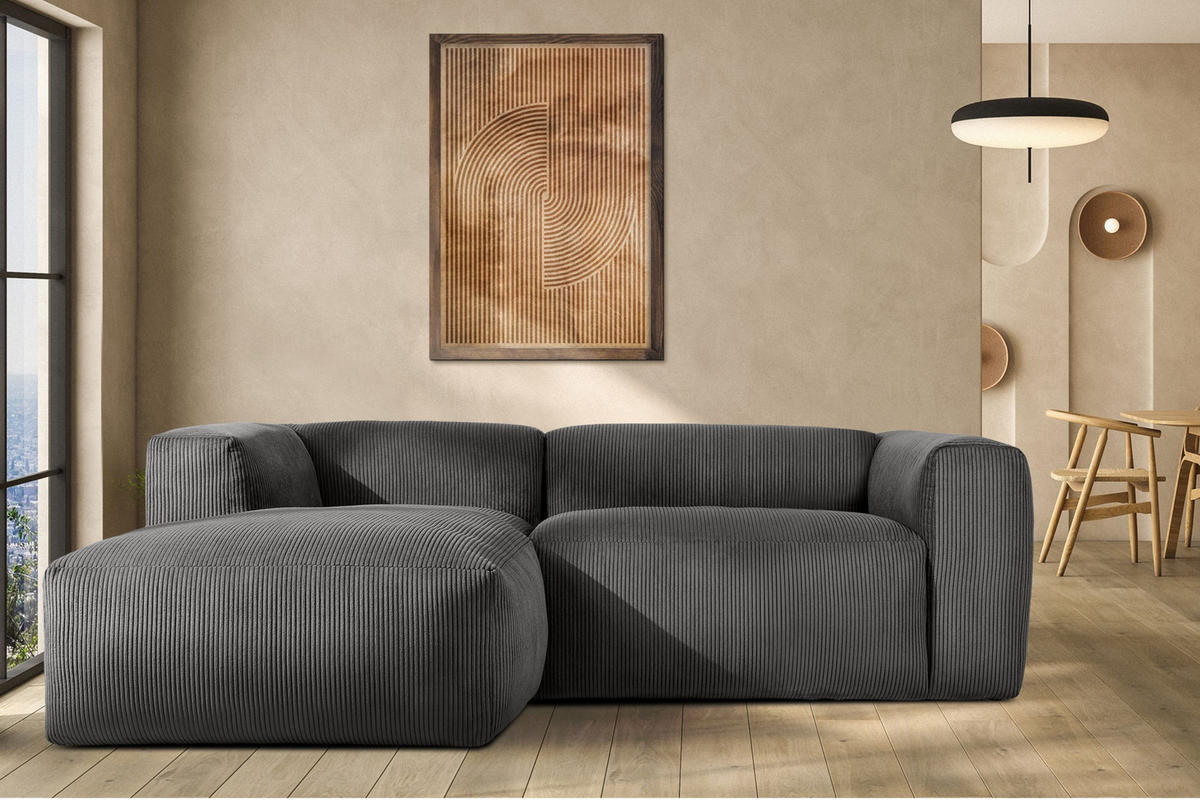 ECKMODULSOFA-LINKS BUFFO 3/4 Sitzer mit extrem weicher Sitzfläche, Kordstoff, grau - Grau, Textil (237/180cm) - KONSIMO®