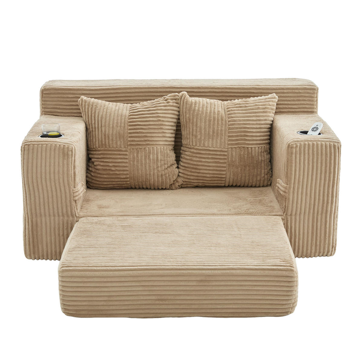 SCHLAFSOFA 2-in-1 mit Hocker, 2 Kissen und Becherhalter, DE-42913, Khaki - Sandfarben, Textil (133/64/87cm) - ComfortXL