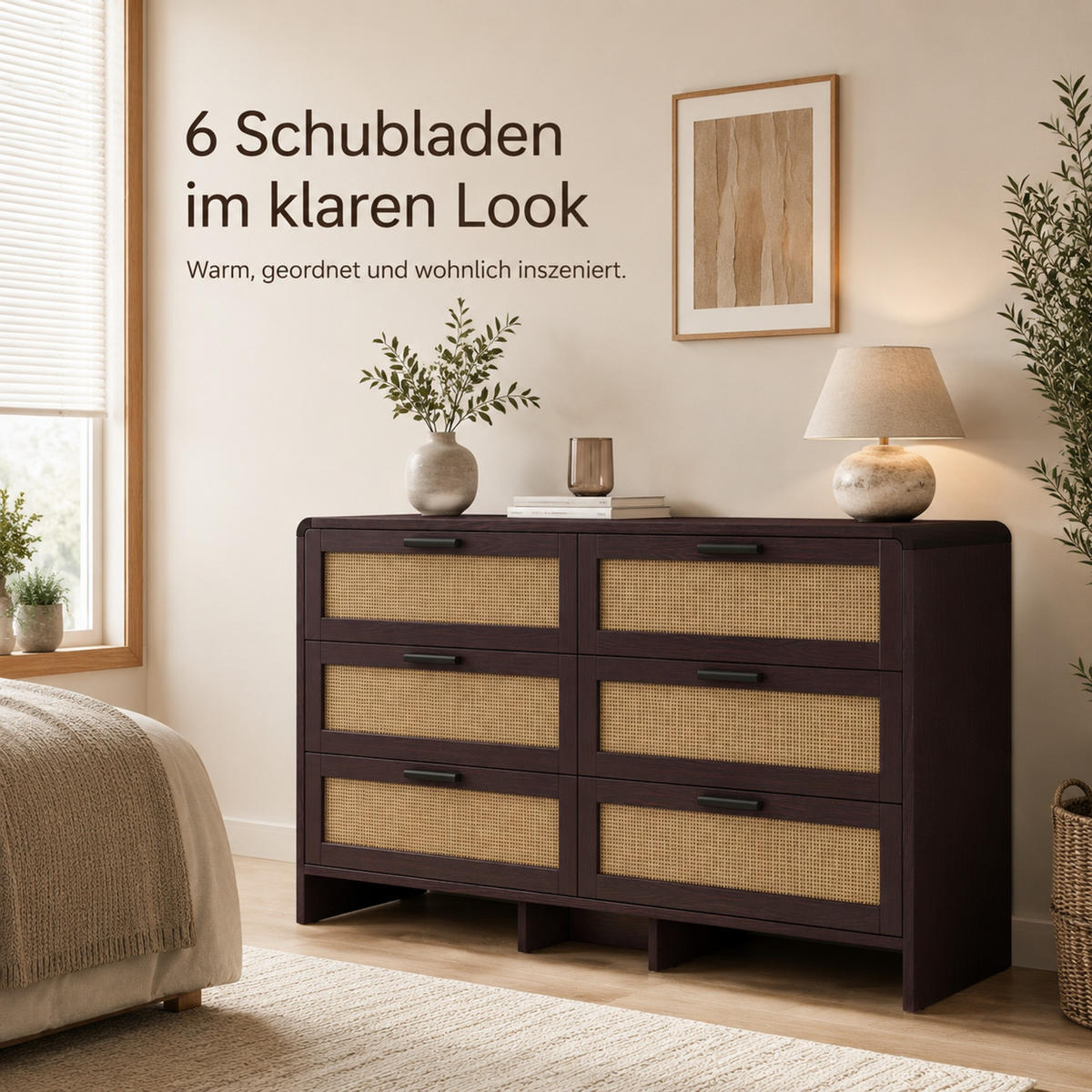 KOMMODE 130 cm aus Holzwerkstoff mit 6 Schubladen und Rattangeflecht Rotbraun - Braun, Holzwerkstoff (130/74/40cm) - Modenvie