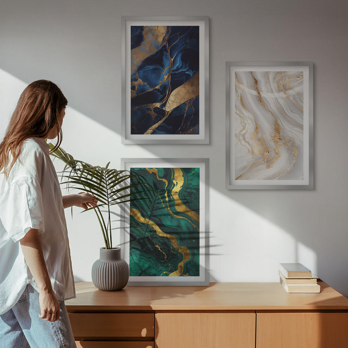 WANDBILDER 3er Set - 40x60 cm Silberner Rahmen - Abstrakte blaugrüne Muster - Silberfarben, Kunststoff (40/60cm) - ArtPrintCave