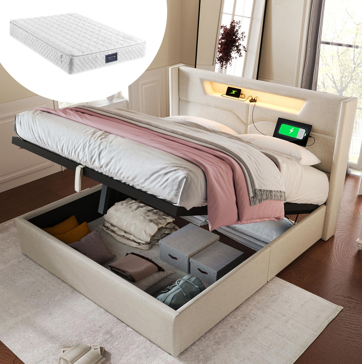 POLSTERBETT aus Leinen 140/200 cm mit LED-Beleuchtung, USB- und Type-C-Anschluss sowie Bettkasten und Matratze ，Beige - Beige, Textil (140/140cm) - Redom