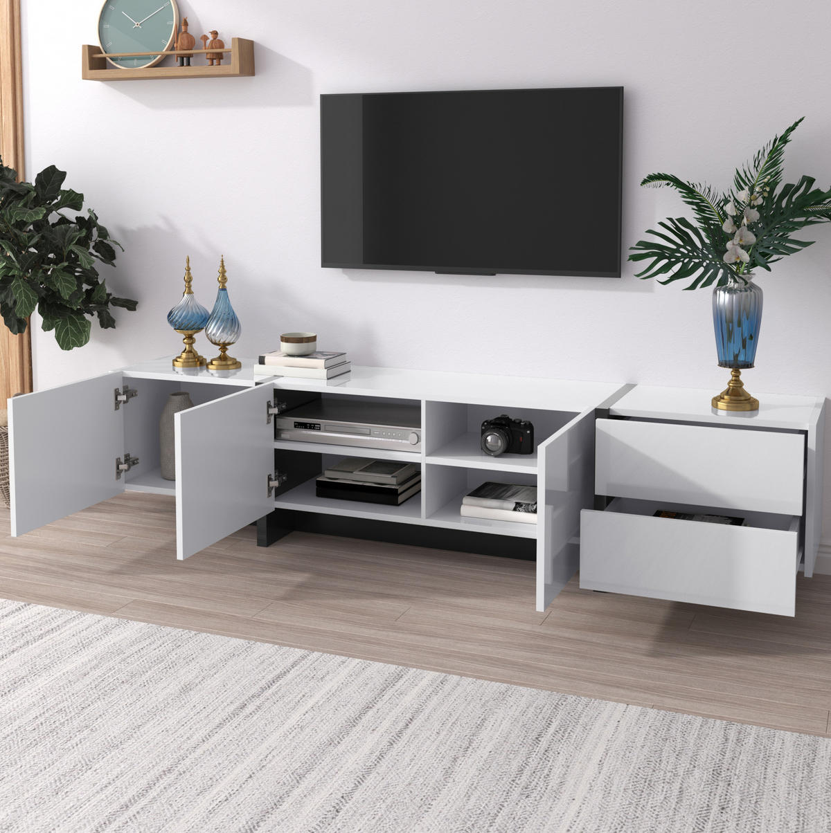 TV-ELEMENT mit 3 Türen und 2 Schubladen 190 x 35 x 45 cm Weiß/Schwarz - Weiß, Holzwerkstoff (35/35/190cm) - Beauniv