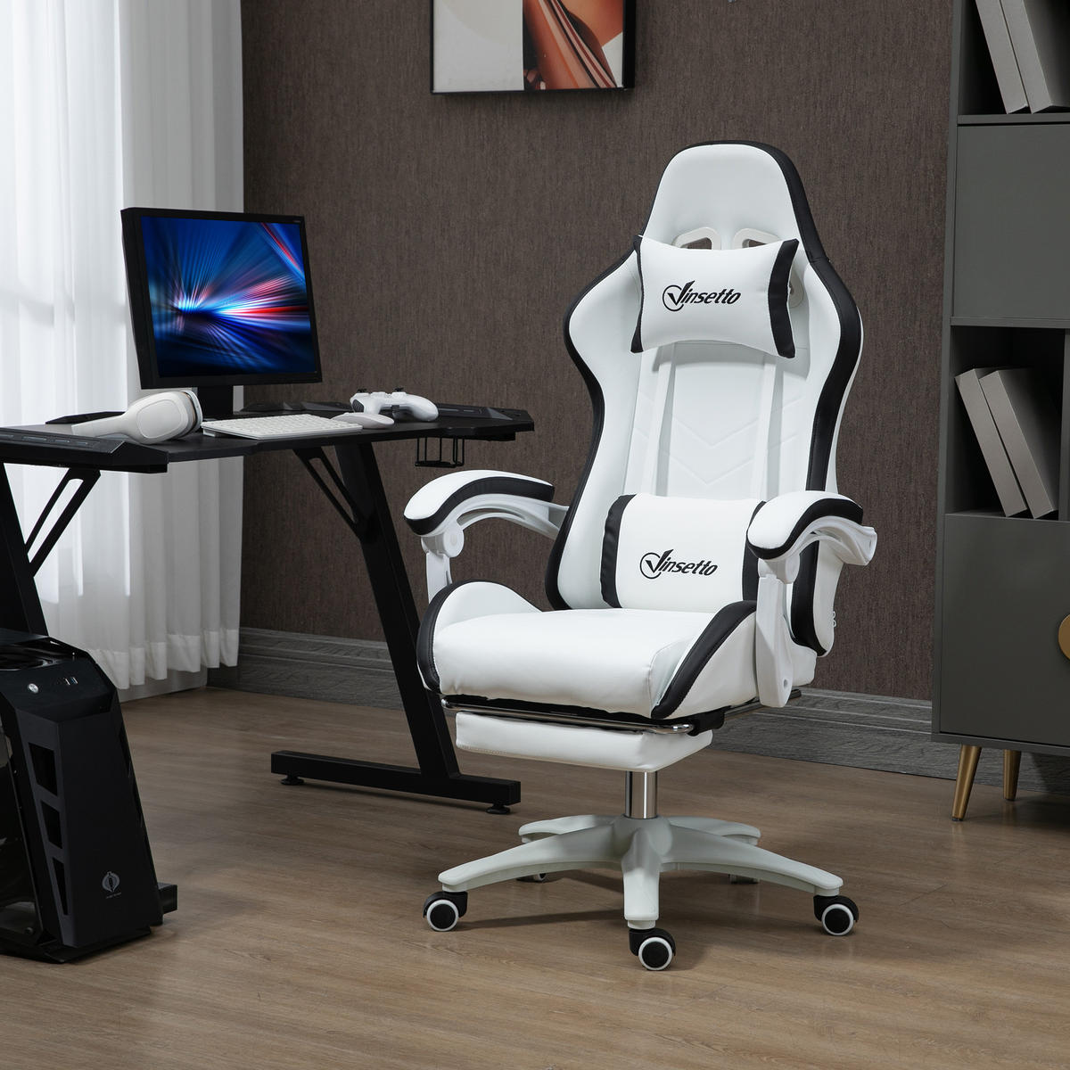 GAMINGSTUHL DE-11703 neigbar 135° mit Fußstütze Weiß/Schwarz - Schwarz, Metall (65/129/65cm) - ComfortXL