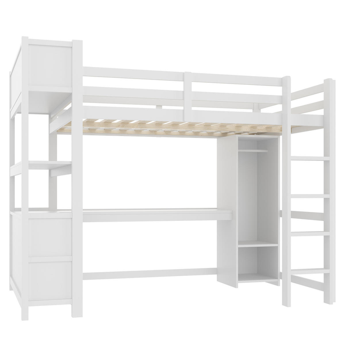 HOCHBETT 140/200 cm in Weiß mit Schreibtisch und Kleiderschrank - Weiß, Holz (140/200cm) - Flora Grace
