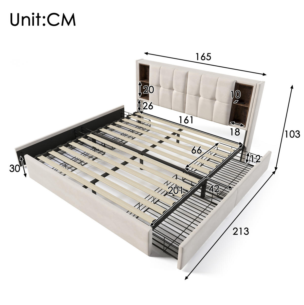 ČALÚNENÁ posteľ 160/200 cm s bezdrôtovým nabíjaním, USB a 4 zásuvkami, zamatová, Béžová - béžová, textil (160/200cm) - Redom