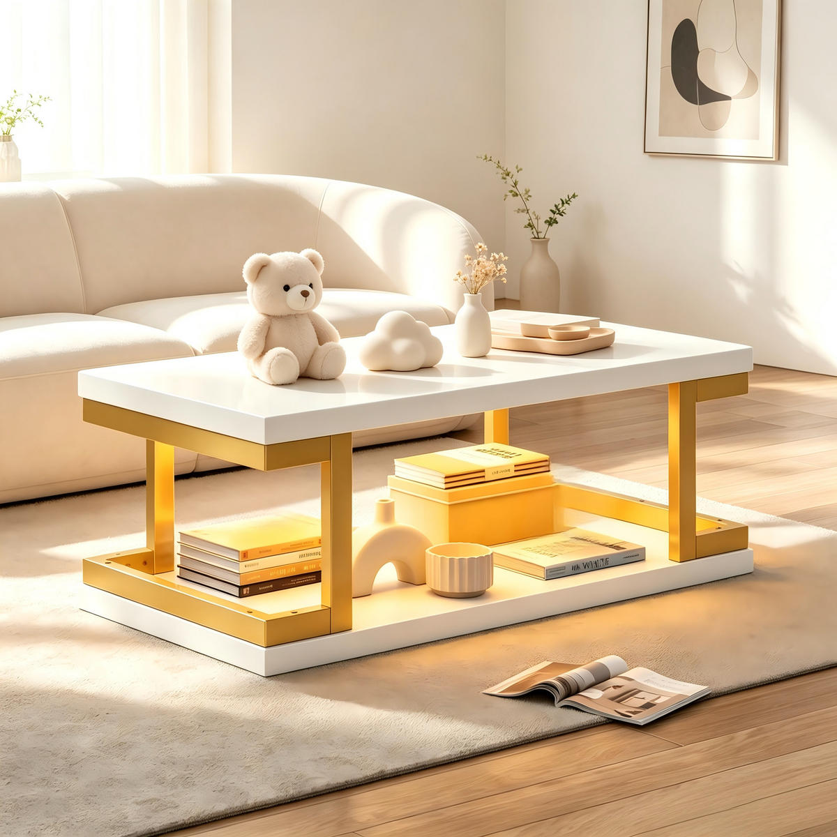 COUCHTISCH Weiß‑Gold mit U‑förmigem Metallrahmen und LED 100 × 50 × 38 cm - Weiß, Holzwerkstoff (50/100/38cm) - Luhomfu