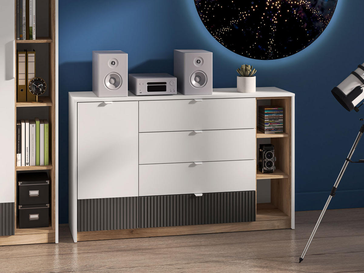 KOMMODE Torino Weiß / Eiche Castello / Graphit 138 / 40 / 86cm - Weiß, Holz/Holzwerkstoff (138/86/40cm) - Feldmann-Wohnen