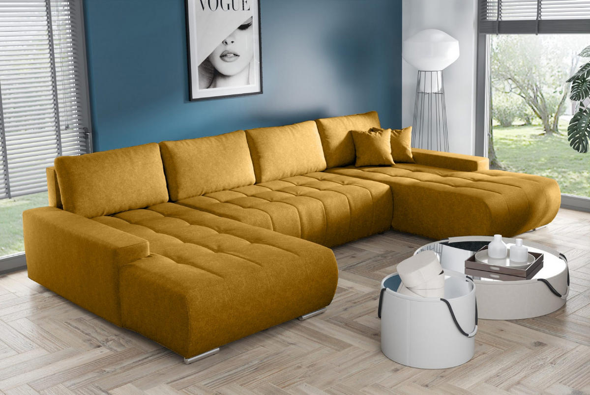 WOHNLANDSCHAFT mit Schlaffunktion Dhaka U, Honig - Honig, Textil (185/85/350cm) - Fedve