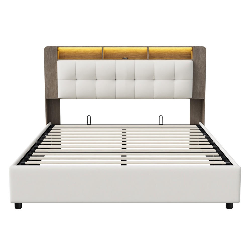POLSTERBETT 140x200 cm - mit LED-Ablagekopfteil und hydraulischem Bettkasten - ohne Matratze - Off-White - Creme, Textil (140/200cm) - DELFA