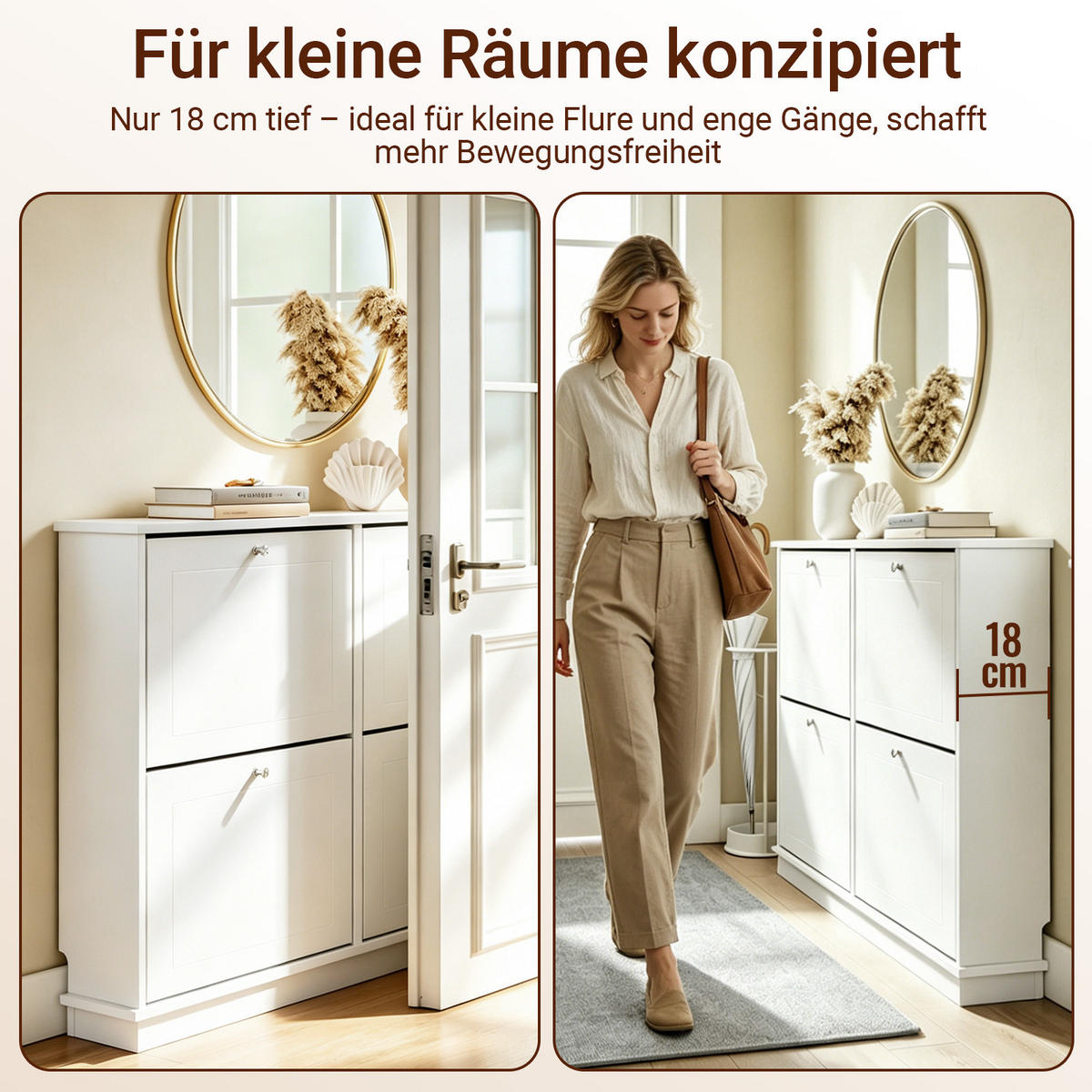 SCHUHSCHRANK schmal mit 4 Klappen, Weiß 105×18×78cm - Weiß, Holzwerkstoff (18/78/105cm) - SoBuy