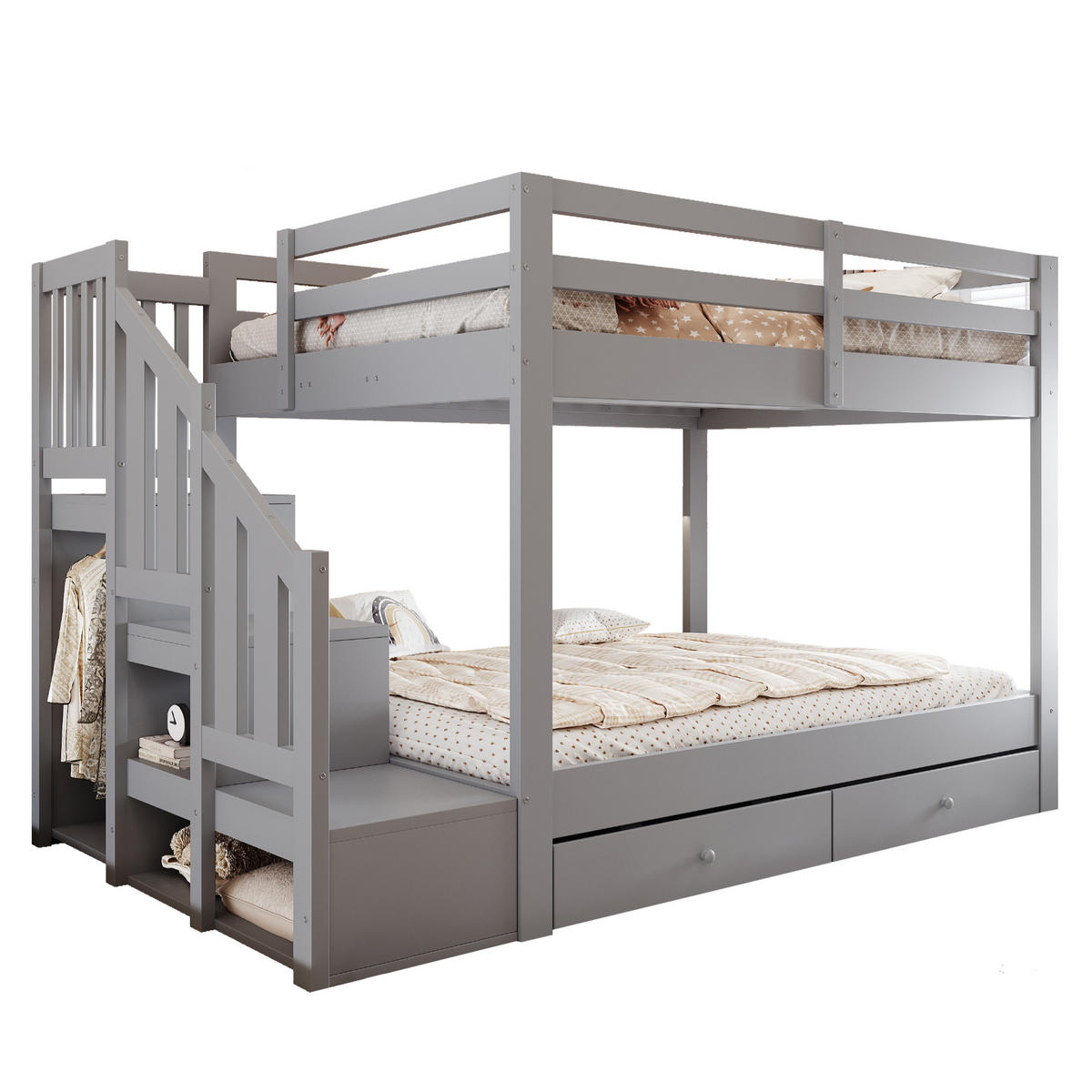 HOLZ-ETAGENBETT 140 x 200 cm mit Stauraumleiter, Grau - Grau, Holz (140/200cm) - FLIEKS