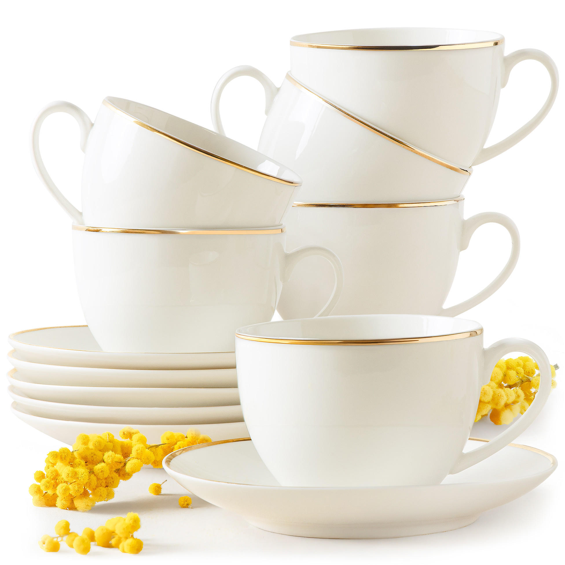KAFFEETASSEN- MIT UNTERTASSEN-SET AD BELLA, 12-tlg - Ecru/Goldfarben, Keramik (15/8/15cm) - KONSIMO®