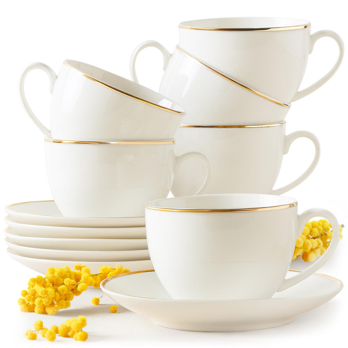 KAFFEETASSEN- MIT UNTERTASSEN-SET AD BELLA, 12-tlg - Ecru/Goldfarben, Keramik (15/8/15cm) - KONSIMO®
