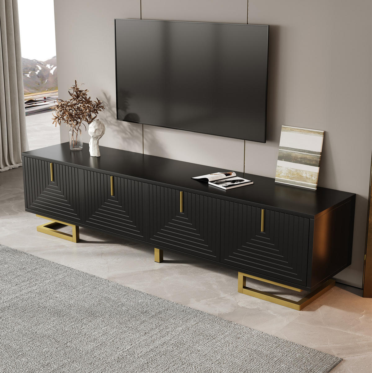 TV-LOWBOARD aus Spanplatte 160x38x44,5 cm Schwarz mit 4 Türen, goldfarbenen Metallbeinen und verstellbaren Füßen - Schwarz, Holzwerkstoff (160/44.5/38cm) - Modfu