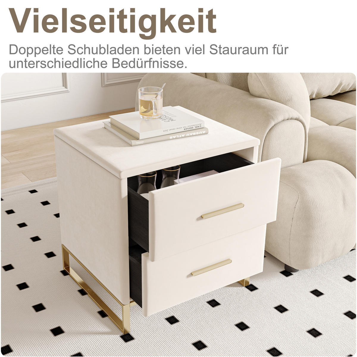 NACHTTISCH 2er Set Samt 2 Schubladen beige - Beige, Holz (40/50/40cm) - LEBENLANG