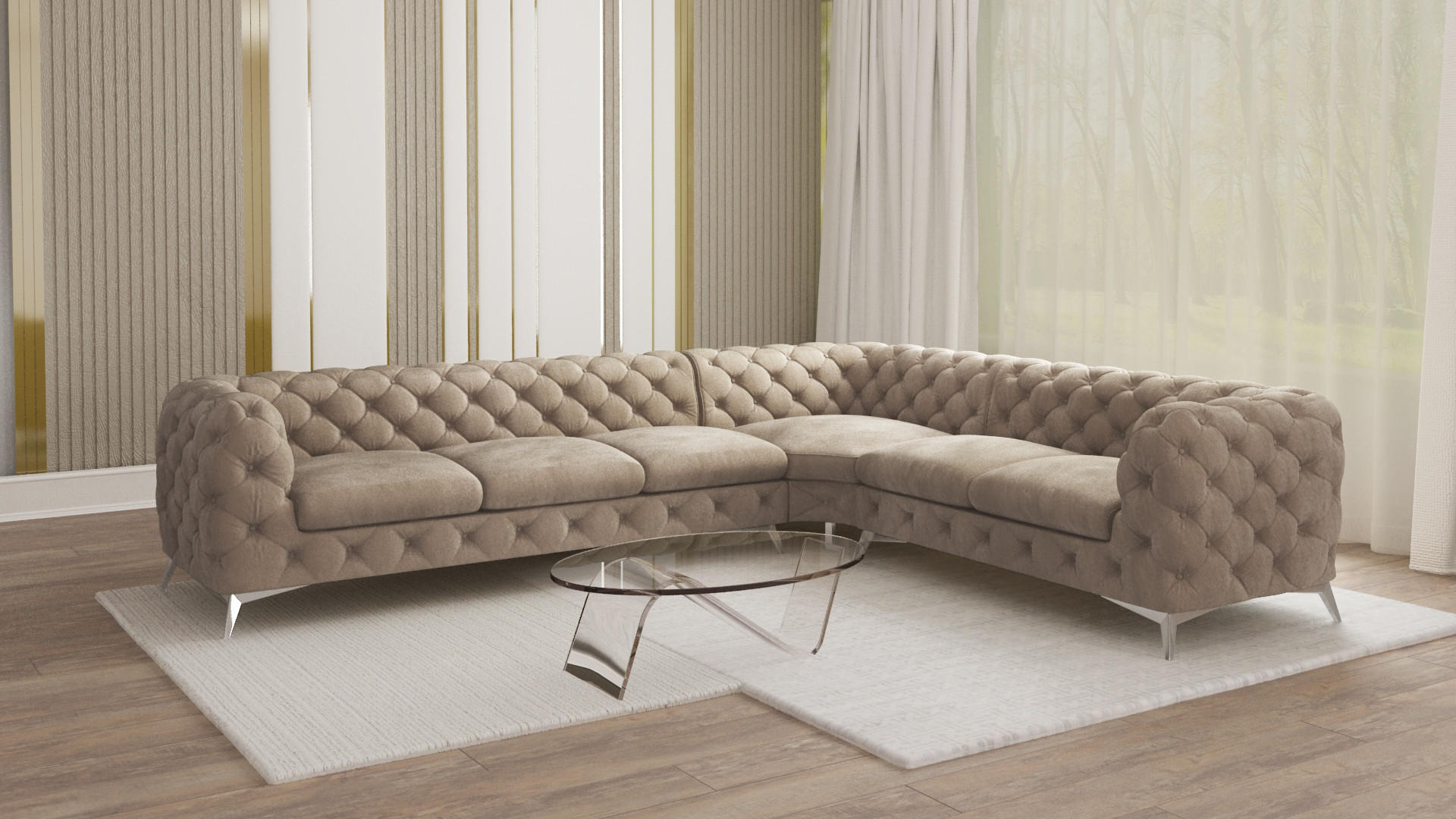 ECKSOFA Chesterfield Laura Dunkle Creme Samt - Silberfarben/Creme, Holz/Textil (323/264cm) - S-Style Möbel