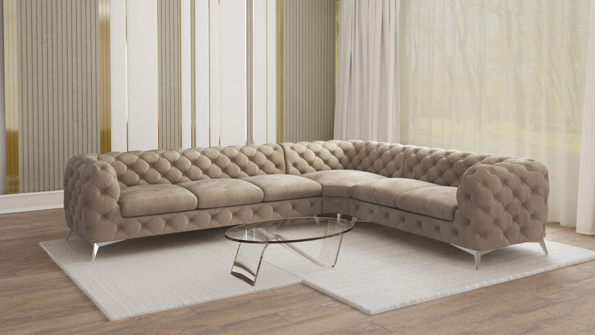 ECKSOFA Chesterfield Laura Dunkle Creme Samt - Silberfarben/Creme, Holz/Textil (323/264cm) - S-Style Möbel