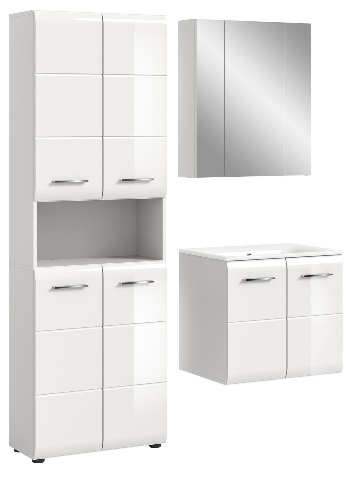 BADMÖBEL-SET 3-teilig in weiß Hochglanz inkl. Waschbecken 135 x 185 cm Cover - Weiß Hochglanz/Silberfarben, Holzwerkstoff/Kunststoff (135/185/46cm) - Inn.Furn