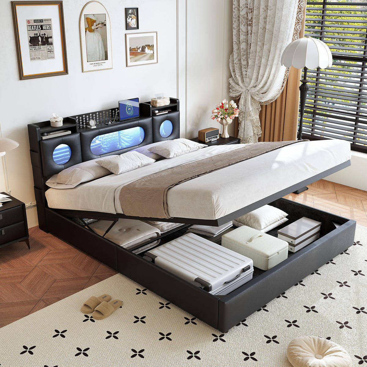 POLSTERBETT 140/200 cm Schwarz mit hydraulischem Stauraum, LED-Kopfteil mit Ablage und USB-Anschluss - Schwarz, Metall (140/200cm) - EuroLiving