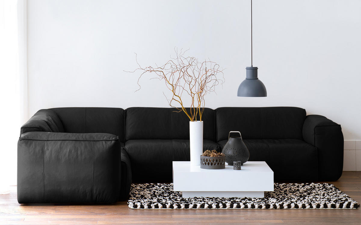 ECKSOFA mit Rundecke - Schwarz, Leder/Kunststoff (325/260cm) - home24