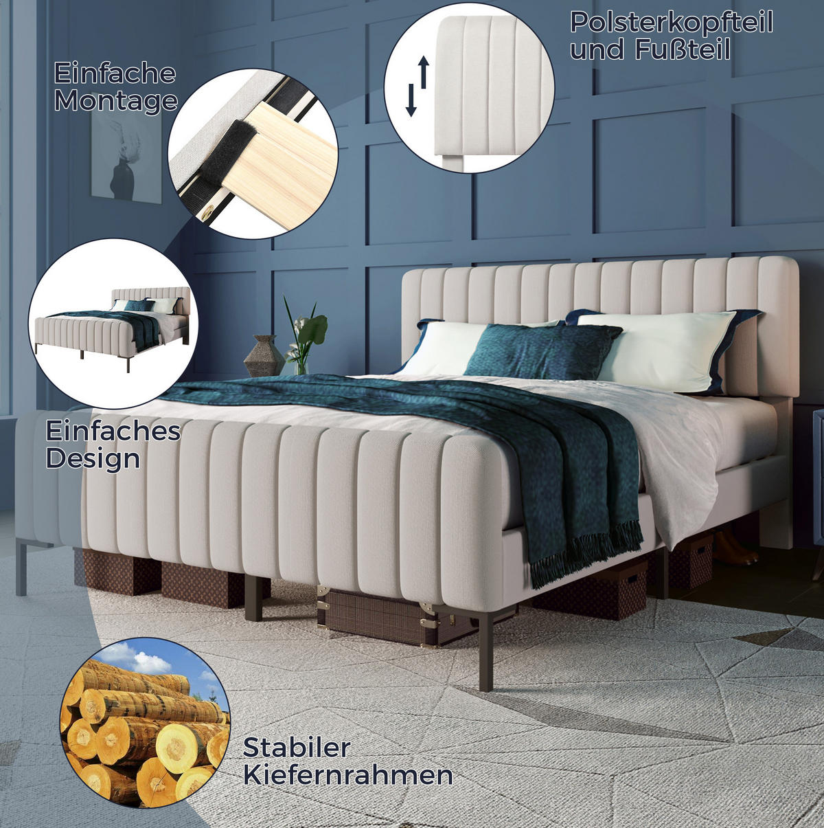 POLSTERBETT 160/200 cm in Grau-Beige mit Matratze und verstellbarem Kopfteil - Grau, Textil (160/200cm) - Flora Grace