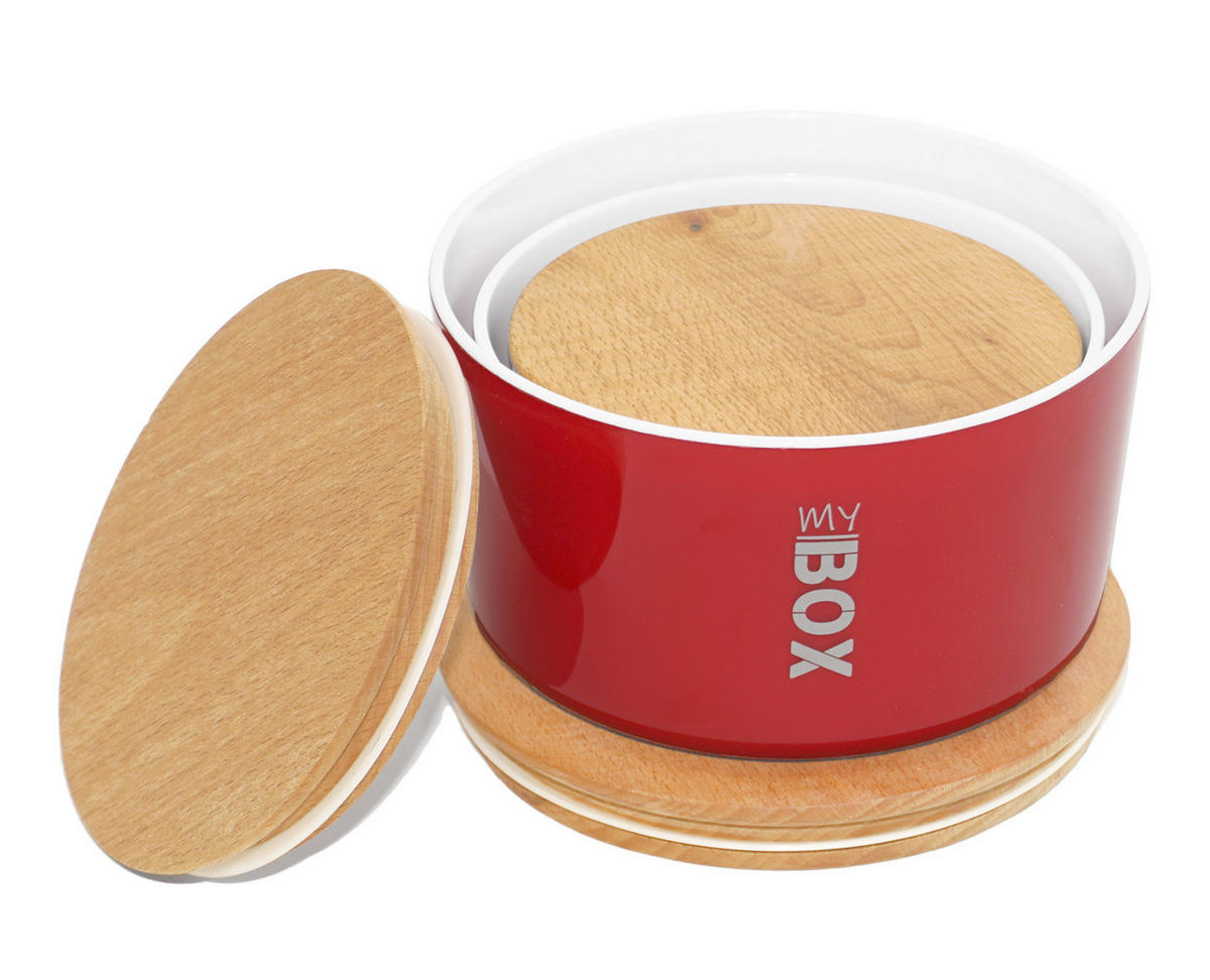 VORRATSDOSEN-SET rund mit Bambusdeckel 3teilig Rot - Rot, Kunststoff - Lashuma