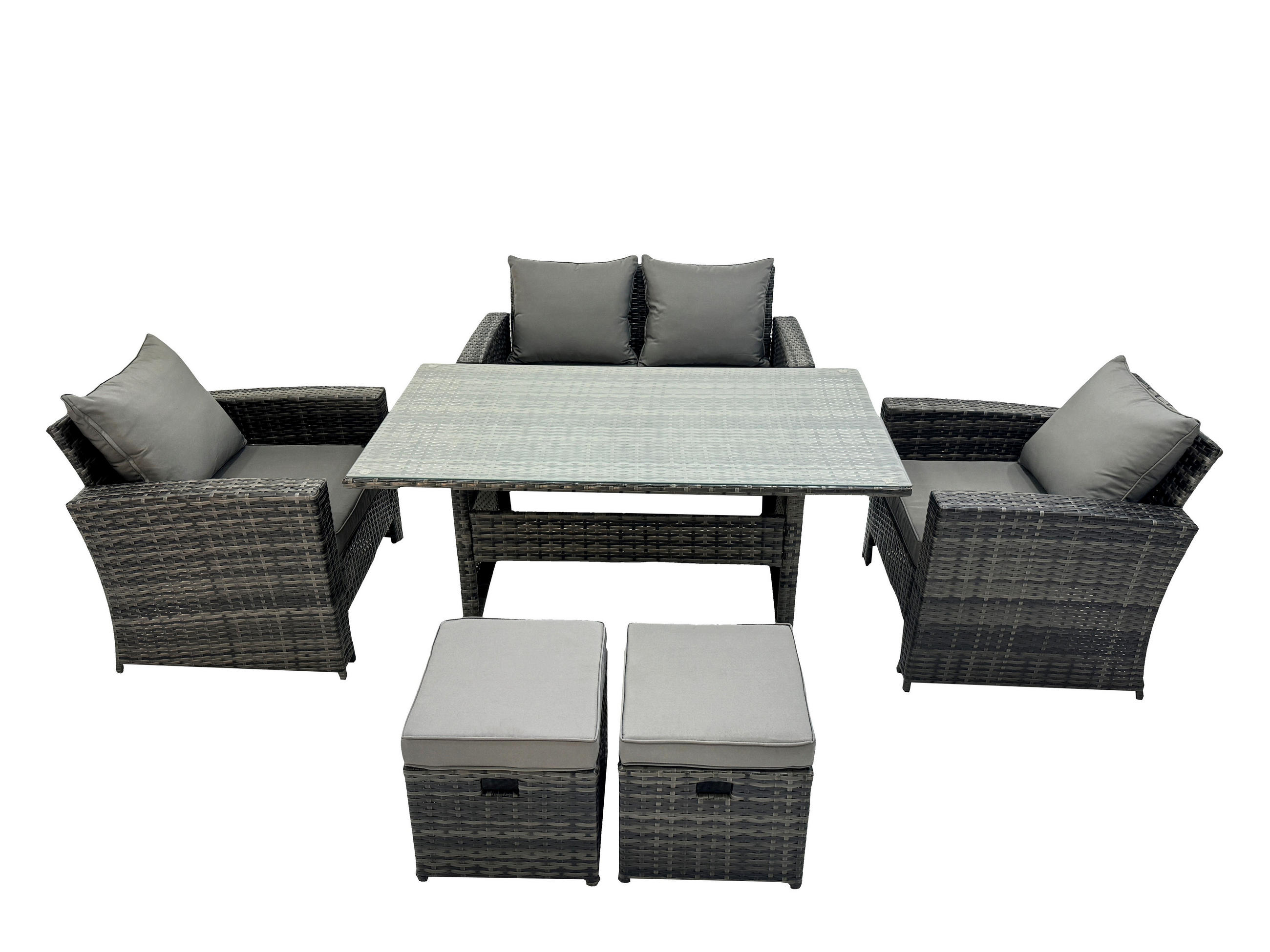 GARTENMÖBELSET mit 2 Sesseln,Zweisitzer,2 Hockern,Esstisch Polyrattan Dunkelgrau 6-Sitzer - Dunkelgrau/Grau, Glas/Kunststoff - Fimous