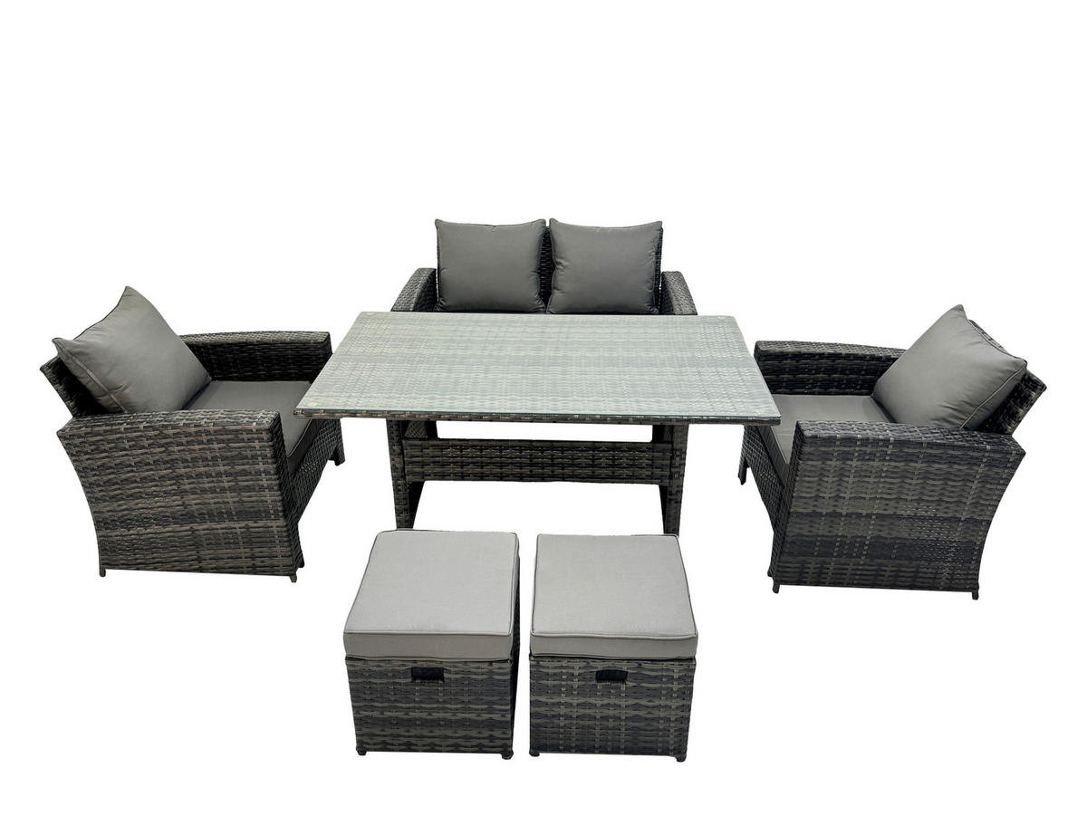 GARTENMÖBELSET mit 2 Sesseln,Zweisitzer,2 Hockern,Esstisch Polyrattan Dunkelgrau 6-Sitzer - Dunkelgrau/Grau, Glas/Kunststoff - Fimous