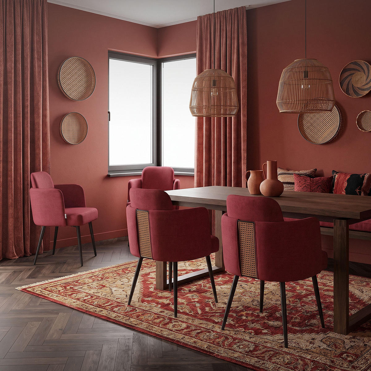 ESSZIMMERSTÜHLE 4er Set Rot mit Stoffbezug Rattan Optik - Rot/Schwarz, Textil/Metall (59/86/59cm) - ML-DESIGN