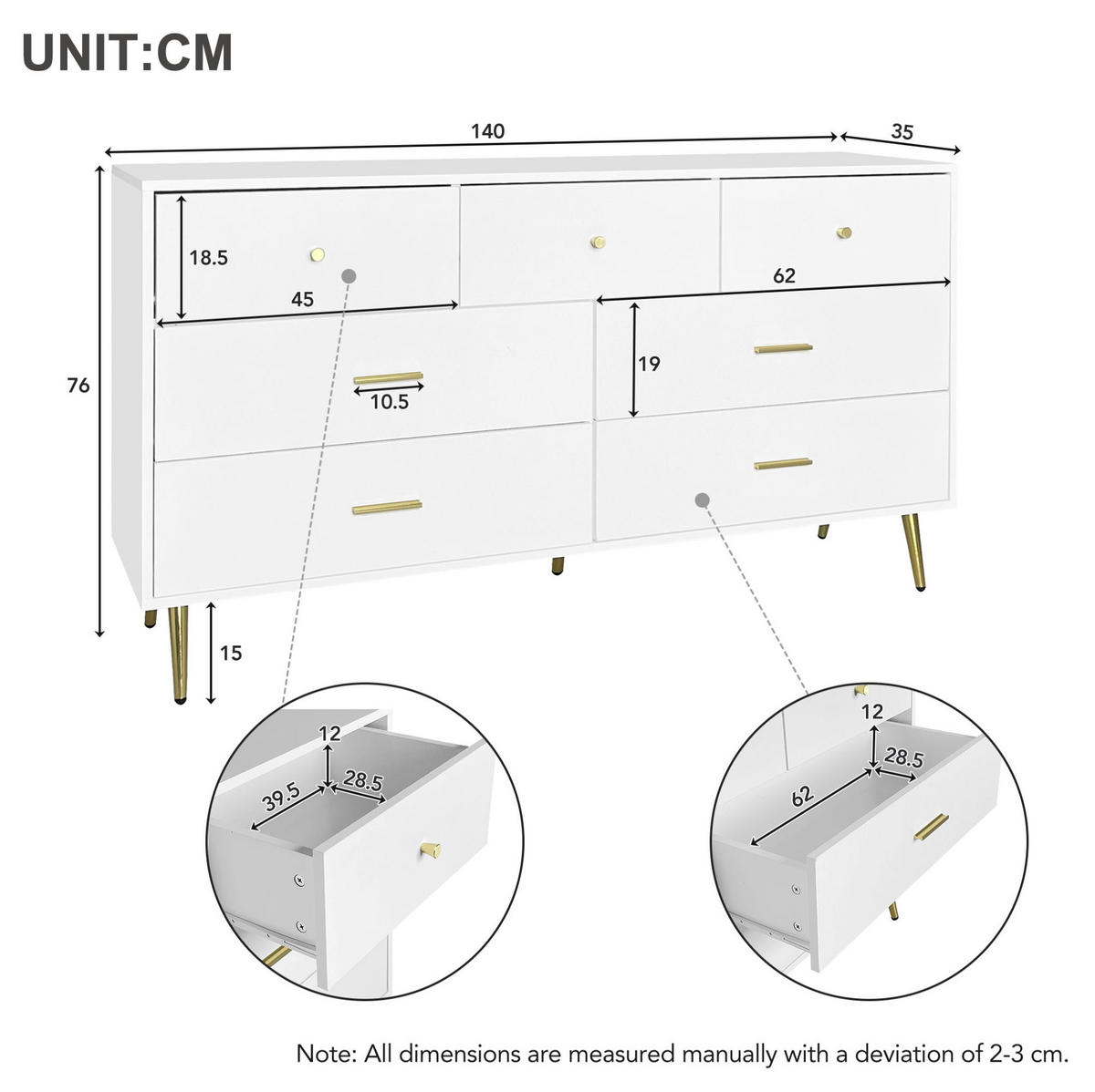 SIDEBOARD 140/35/76 cm mit 7 Schubladen in Weiß und goldfarbenen Details - Weiß, Holzwerkstoff (140/76/35cm) - BEAOK