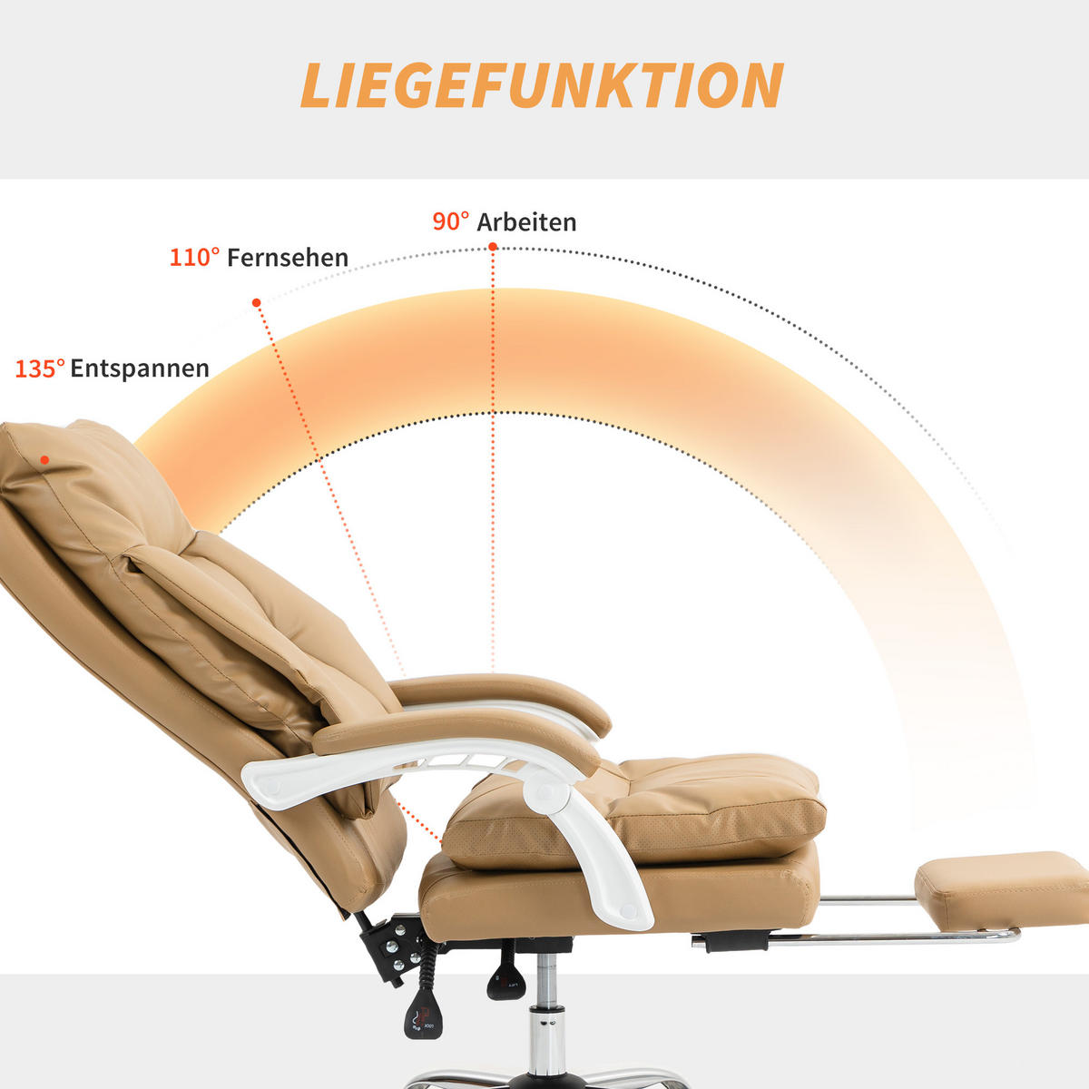 BÜROSTUHL Ergonomischer Schreibtischstuhl mit Lendenwirbelstütze, Fußstütze - Hellbraun/Silberfarben, Kunststoff/Metall (65/121/76cm) - HOMCOM