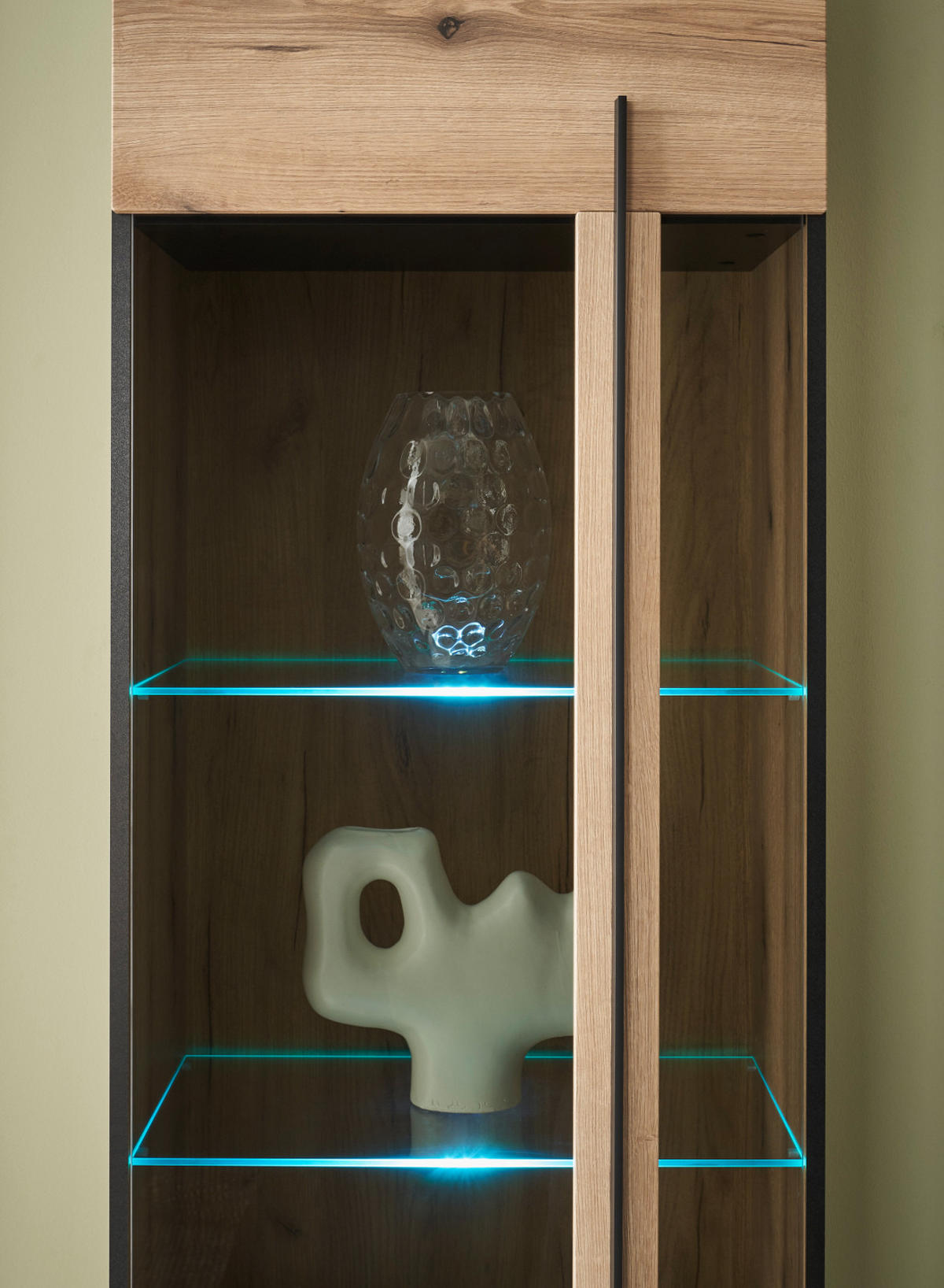 WOHNWAND Eiche Evoke, Wohnkombination 3-teilig mit Soft-Close - Eichefarben/Schwarz, Glas/Holzwerkstoff (290/200/42cm) - Furn.Design