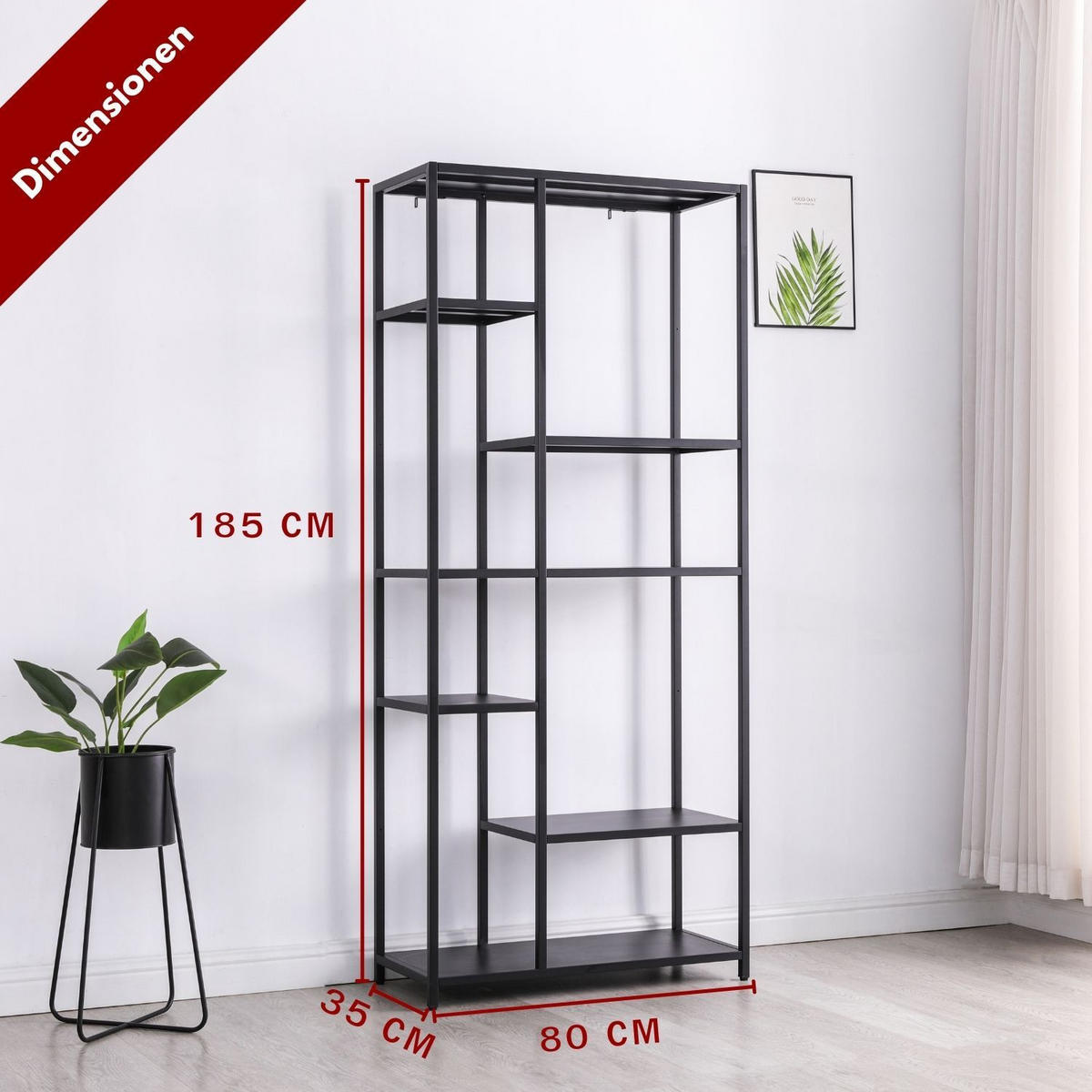 REGAL CHICAGO XXL Metall 6 Ablageflächen 80/35/185 cm in Schwarz - Schwarz, Metall (35/185/80cm) - Coemo