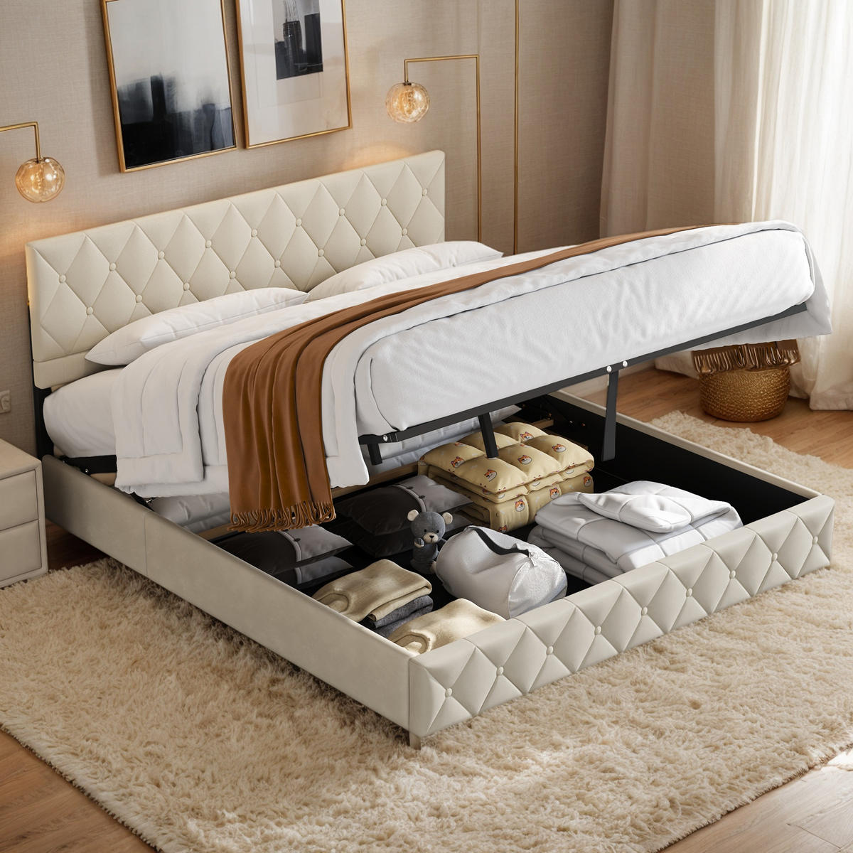 POLSTERBETT 180/200 cm Beige mit hydraulischem Stauraum aus Samt - Beige, Holzwerkstoff (180/200cm) - OKWISH