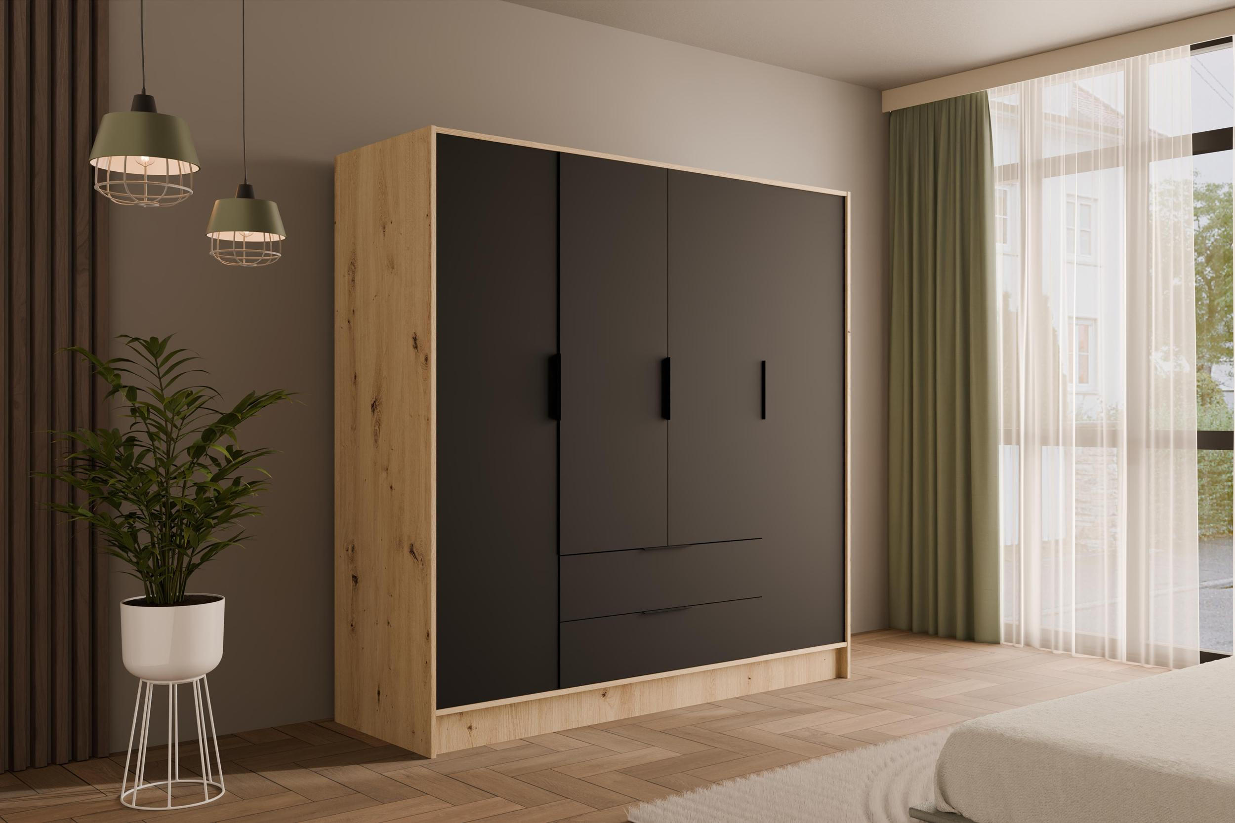 KLEIDERSCHRANK mit Flügeltüren KOLIN 200x200cm Artisan / Schwarz - Schwarz/Eiche Artisan, Holzwerkstoff (200/200/51cm) - ALTDECOR