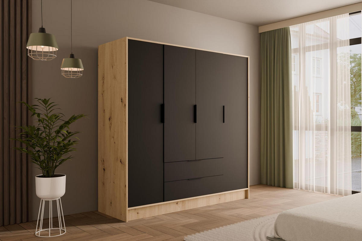 KLEIDERSCHRANK mit Flügeltüren KOLIN 200x200cm Artisan / Schwarz - Schwarz/Eiche Artisan, Holzwerkstoff (200/200/51cm) - ALTDECOR