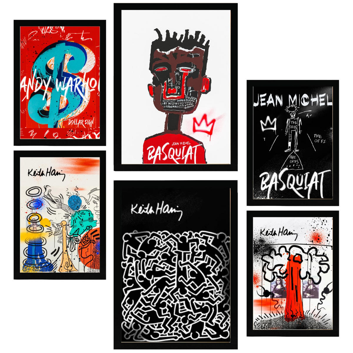 POSTER Set Mit 6 Grafiti Pop Basquiat Warhol A3 & A4 Schwarzer Rahmen - Schwarz, Papier (29/3cm) - Nacnic