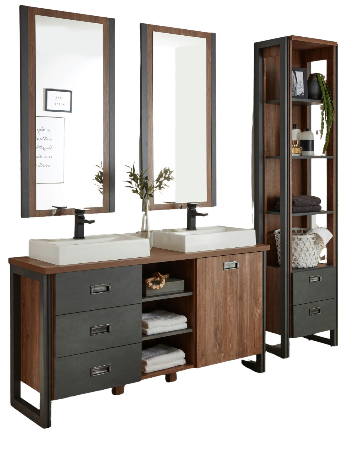 BADMÖBEL-SET 6-teilig Eiche Stirling, Matera grau, Doppelwaschtisch inkl. 2 x Waschbecken 208 x 205 cm Badkombination - Eichefarben/Grau, Holzwerkstoff (208/205/40cm) - Furn.Design