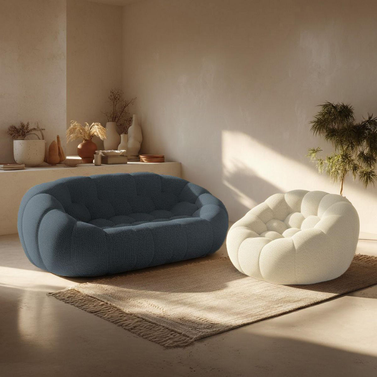SITZGARNITUR Cocoon Sofa und Sessel Blau und Weiß - Blau/Weiß, Textil (190/75/113cm) - COCO Living