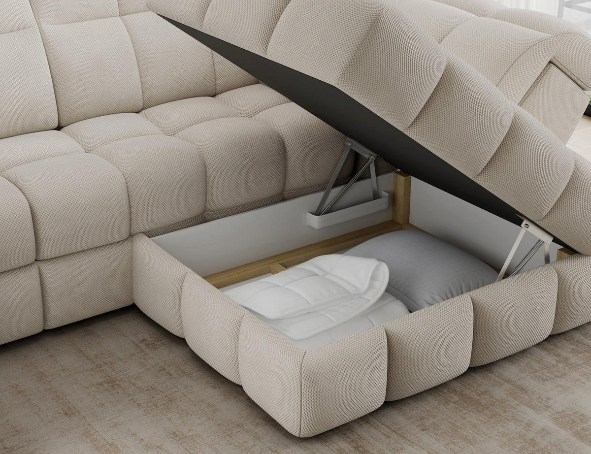 ECKSOFA Bronon mit Schlaffunktion und Bettkasten – Modernes Design, verstellbare Kopfstützen und verschiebbare Rückenlehnen - Beige, Kunststoff (296/109cm) - Wohnideebilder
